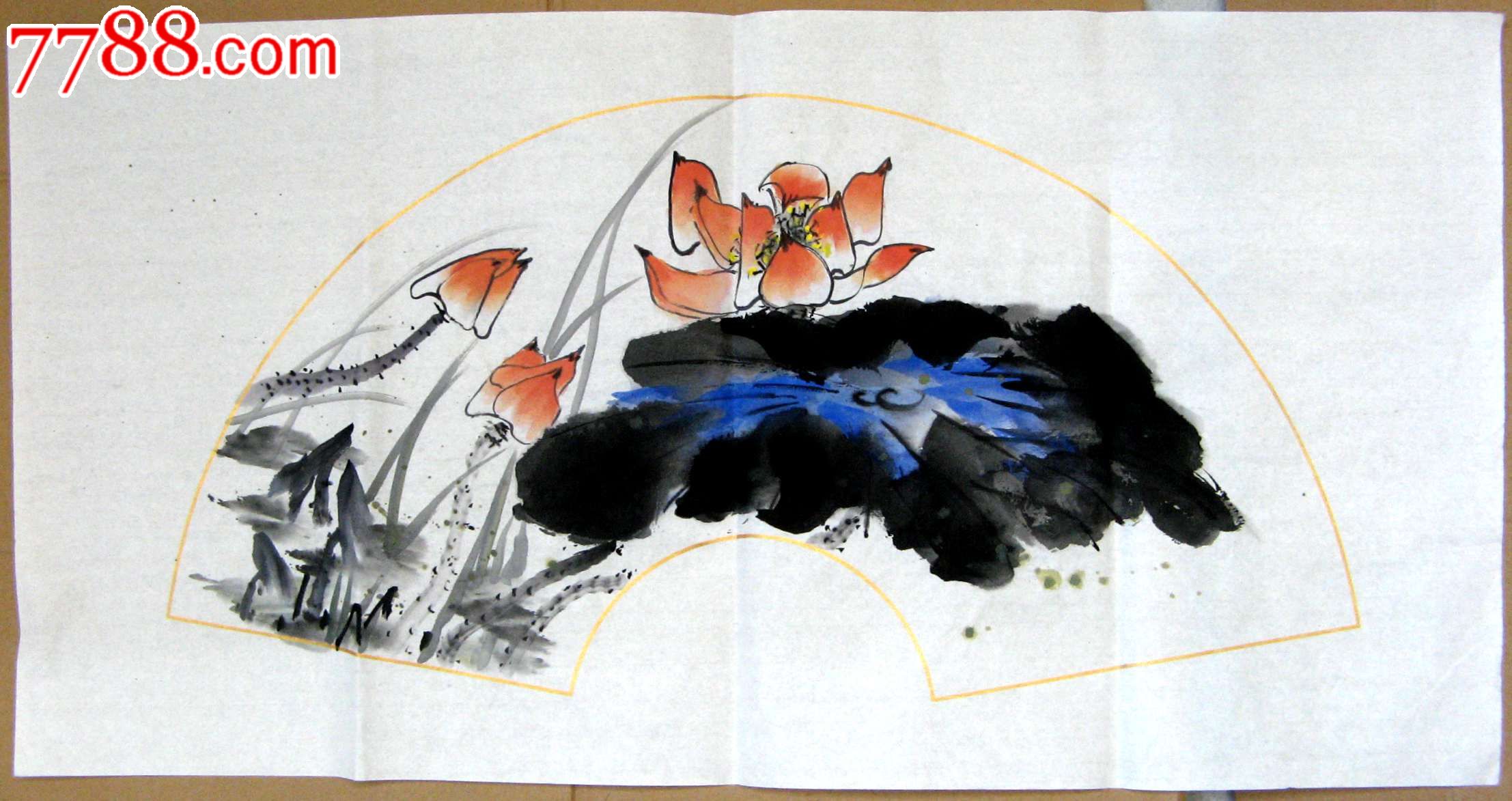 清秀丽雅的二尺横幅无款扇面荷花画:红荷香满塘-se23597890-花鸟国画