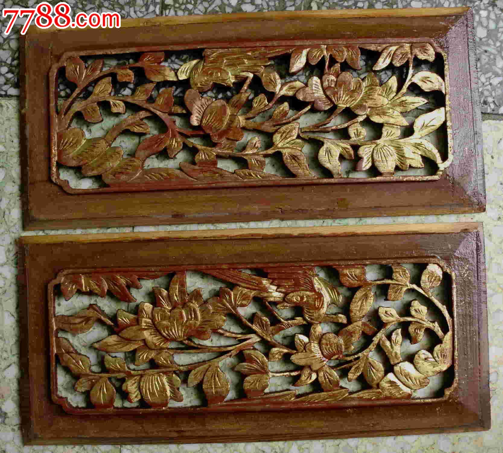 民国,楠木镂空雕漆真金《花鸟牡丹》花板1对-se23693151-木雕花板