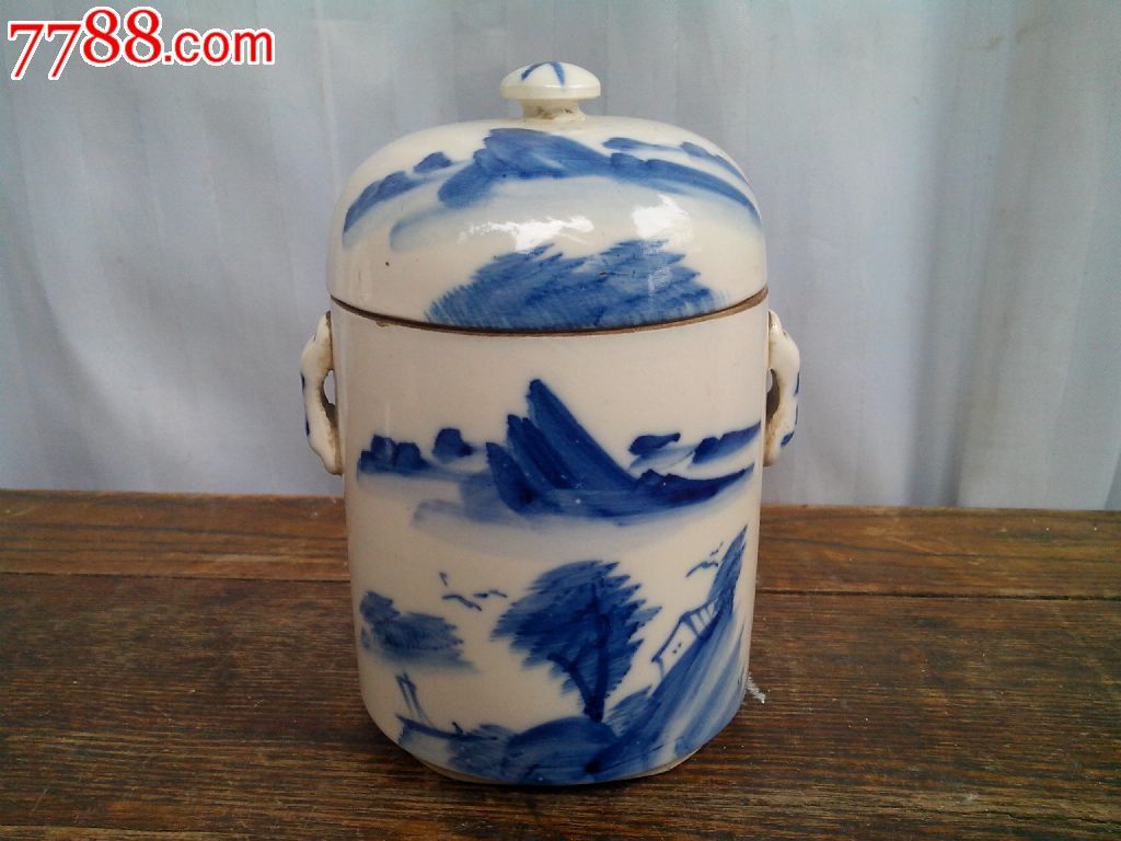 民国解放初期青花山水盖罐收藏古董古玩老瓷器粉彩国货手工民俗