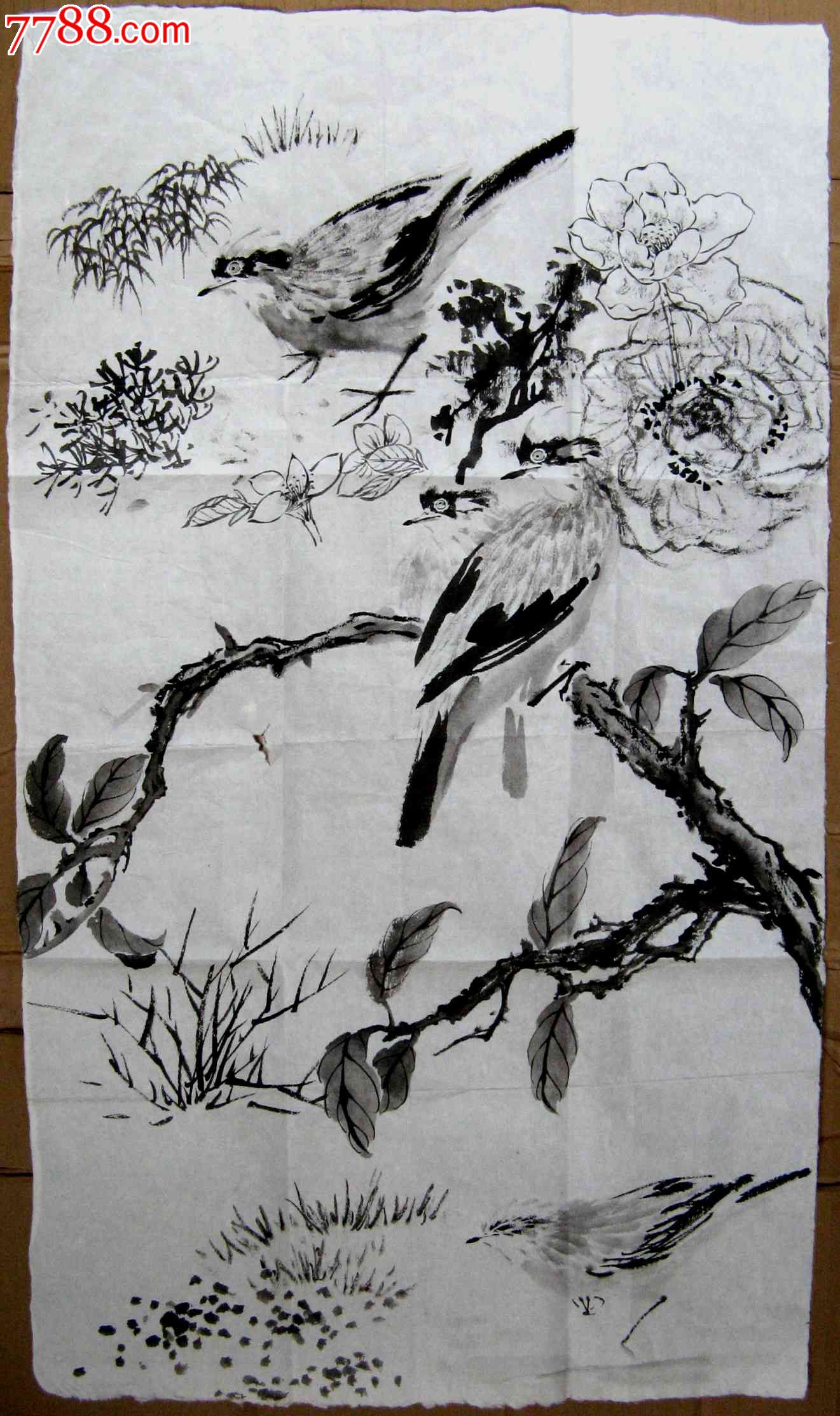 画家四尺开三无款写意花鸟画草稿