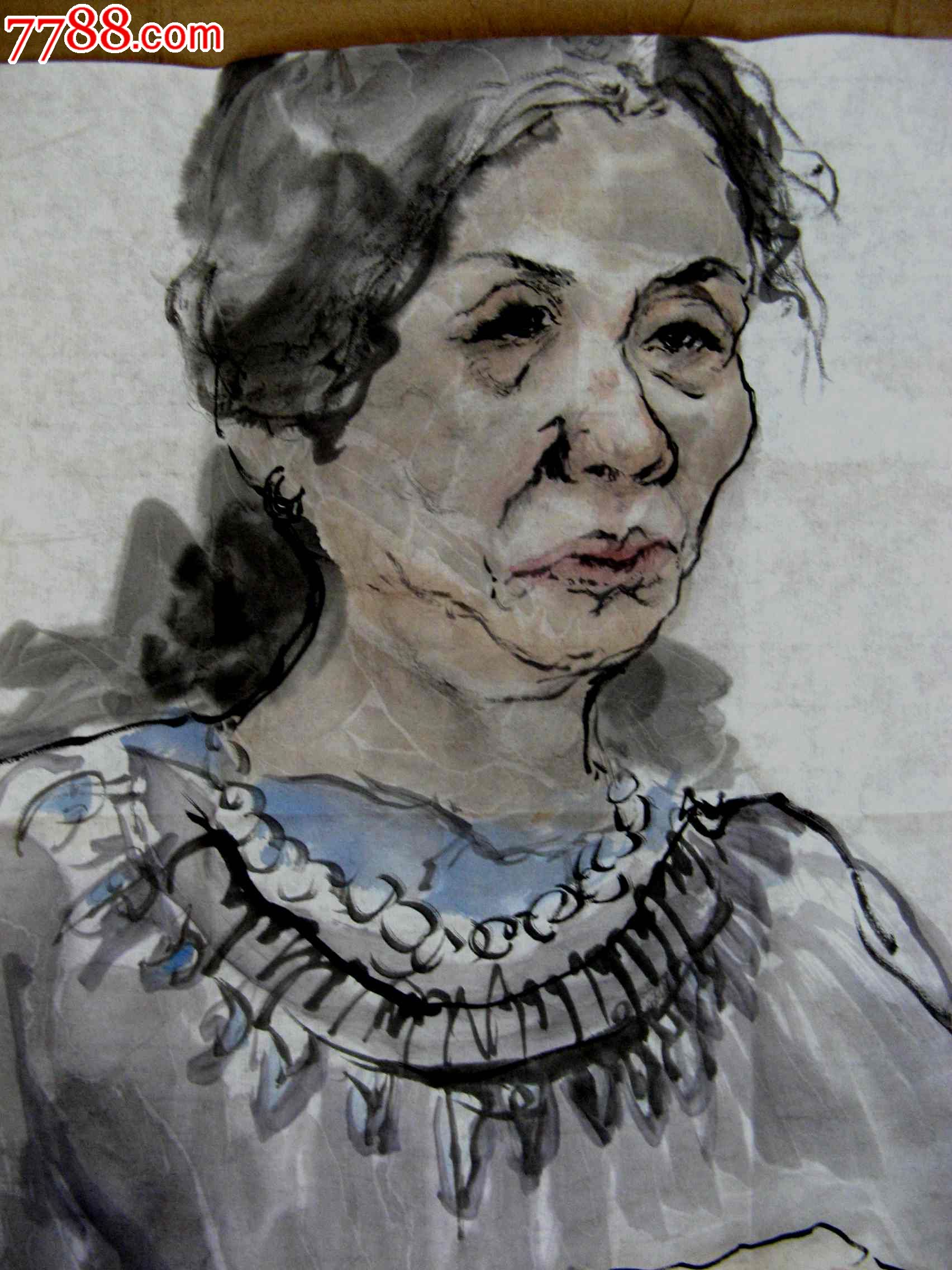 简练形象的四尺开三无款人物画:织毛衣的妇人