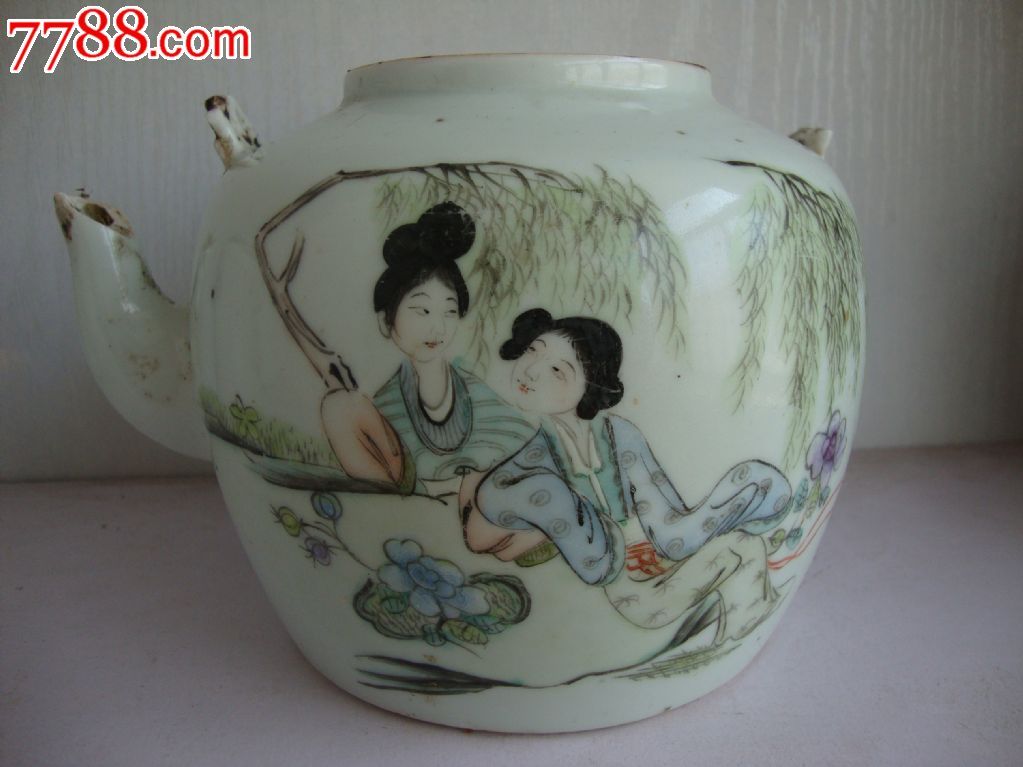 特价民国茶壶民国名家桐华居手绘仕女嬉戏图茶壶背诗文标本