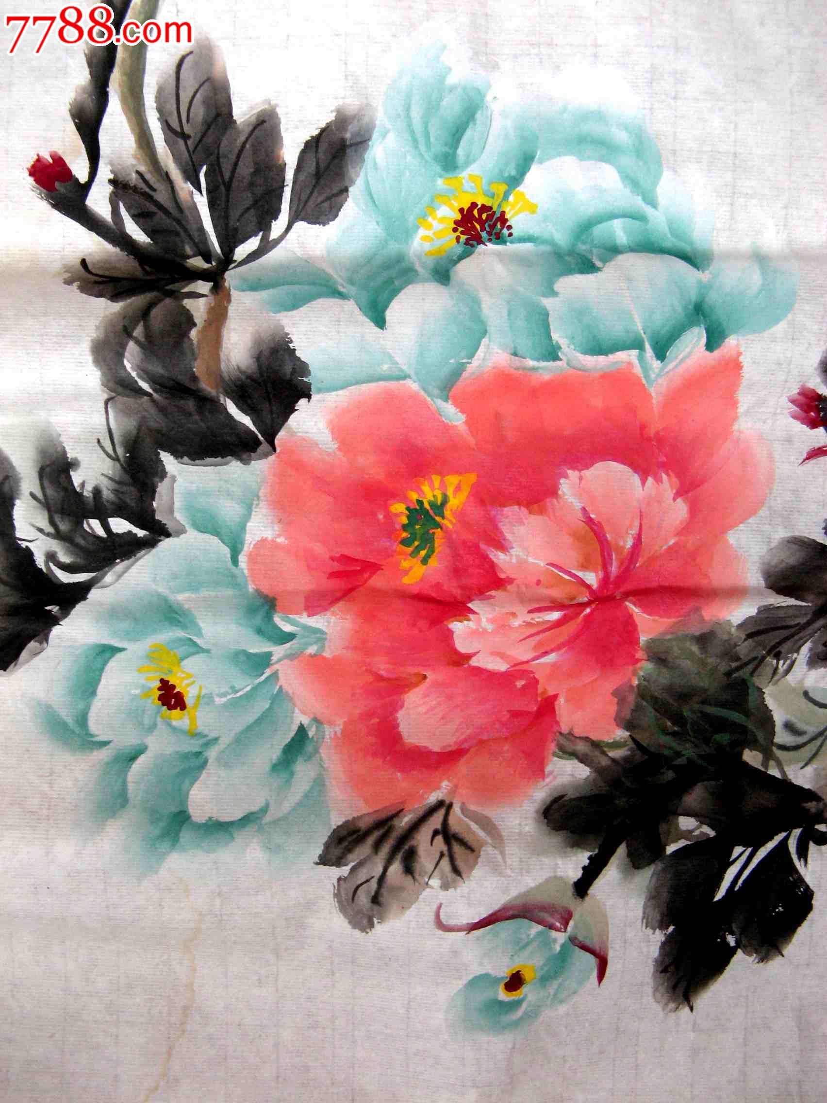 河北老画家明艳秀丽的四尺开三条幅牡丹画:天骄双色赛珍香