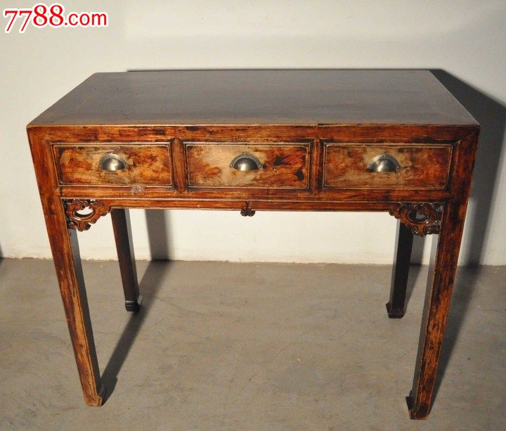 明清中式/古典古董收藏/旧实木雕花三斗桌老写字桌子