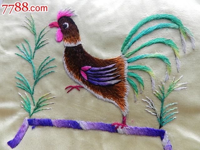 【一对公鸡图黄底绣花枕头顶1968】山西晋工老刺绣老织绣绣花