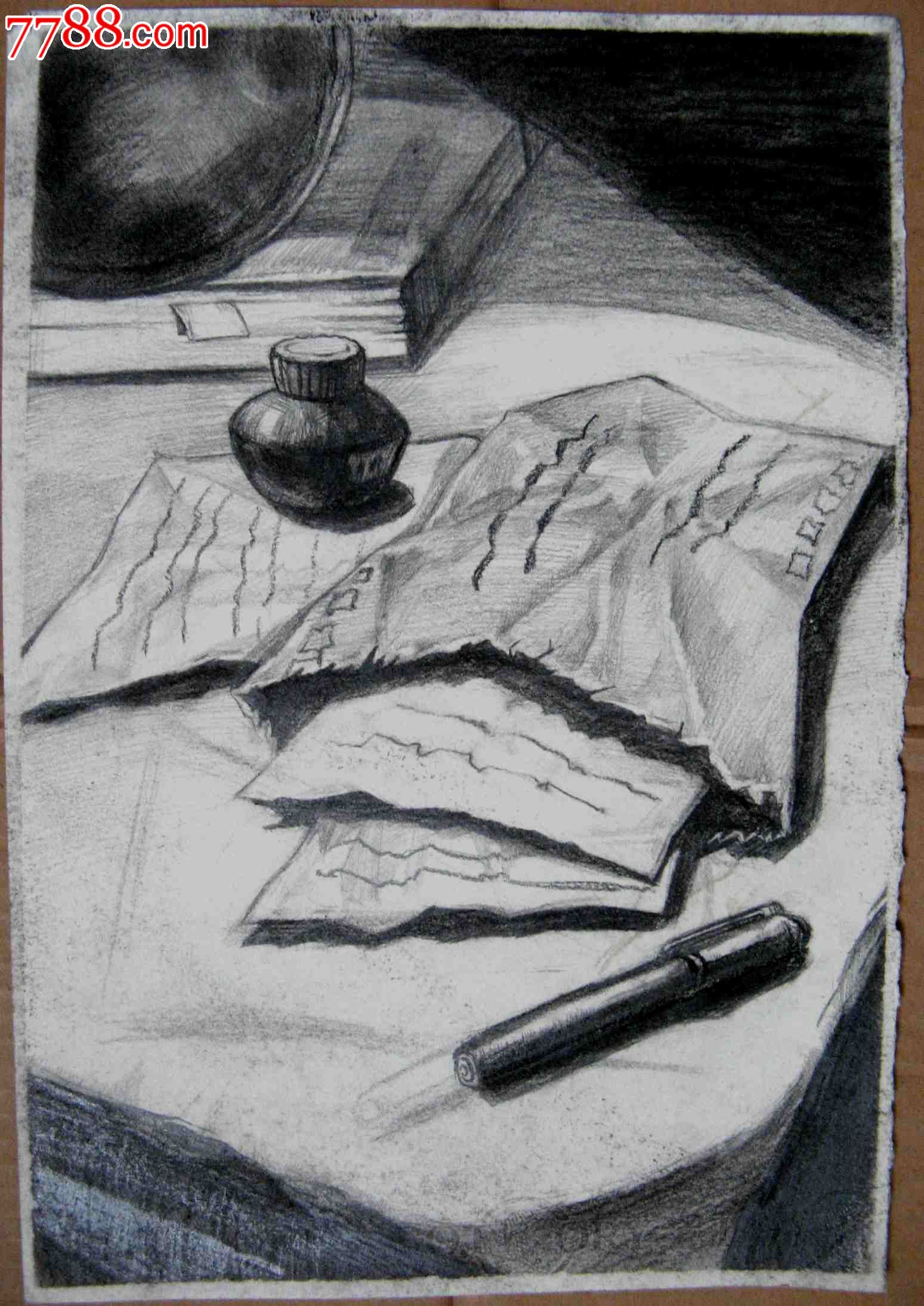 铅笔素描画:钢笔和信