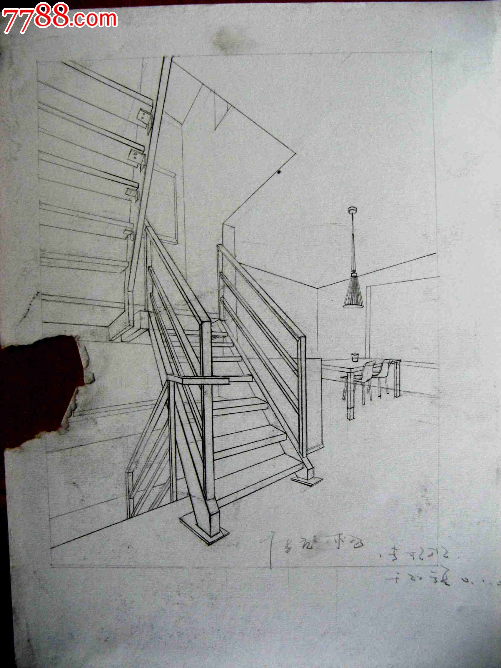 铅笔素描画2幅:室内楼梯