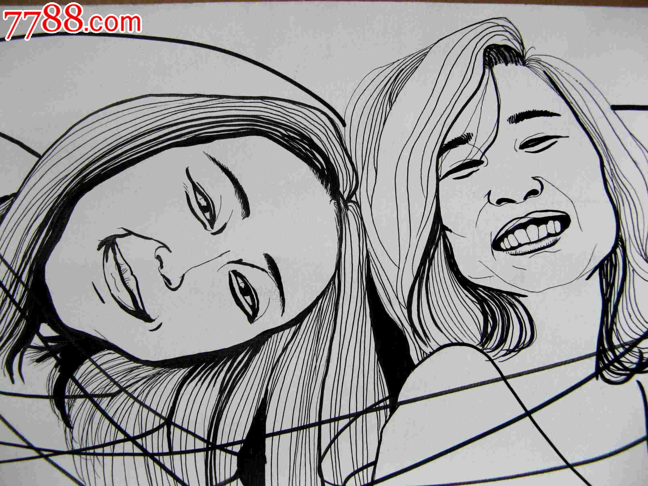 钢笔素描人物画:欢快的少女