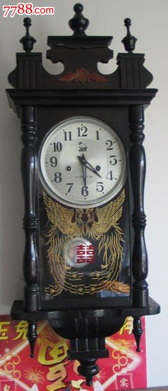 金狮牌彩绘双喜凤实木雕刻特大挂钟(少有美品)