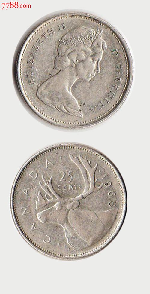 加拿大伊丽莎白二世1968年25c/加分外国银币/硬币鹿头