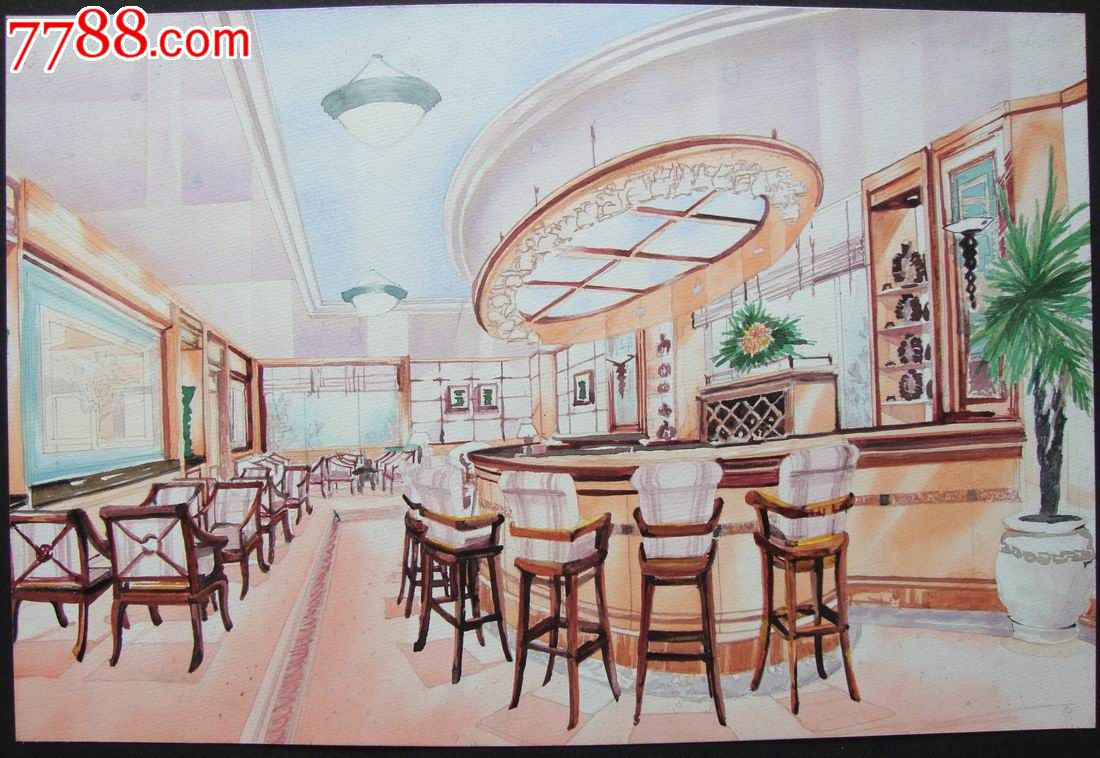 【画家原美院学生·水彩画·原画稿】餐厅吧台