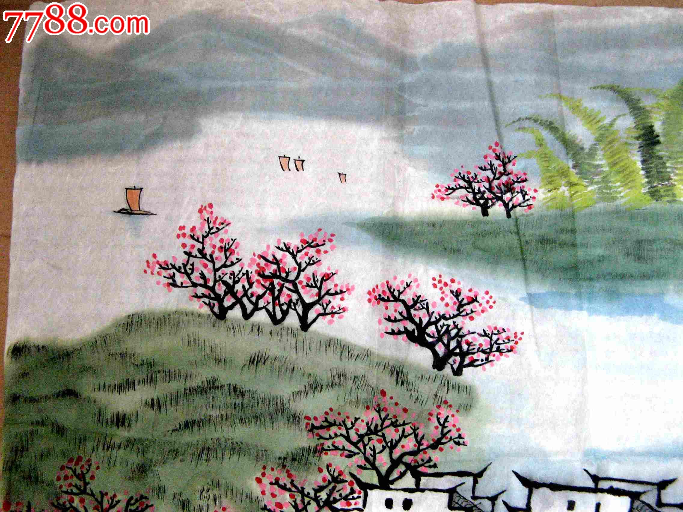 景色谐美,云淡风清的八尺开四横幅无款山水画:水乡怡情