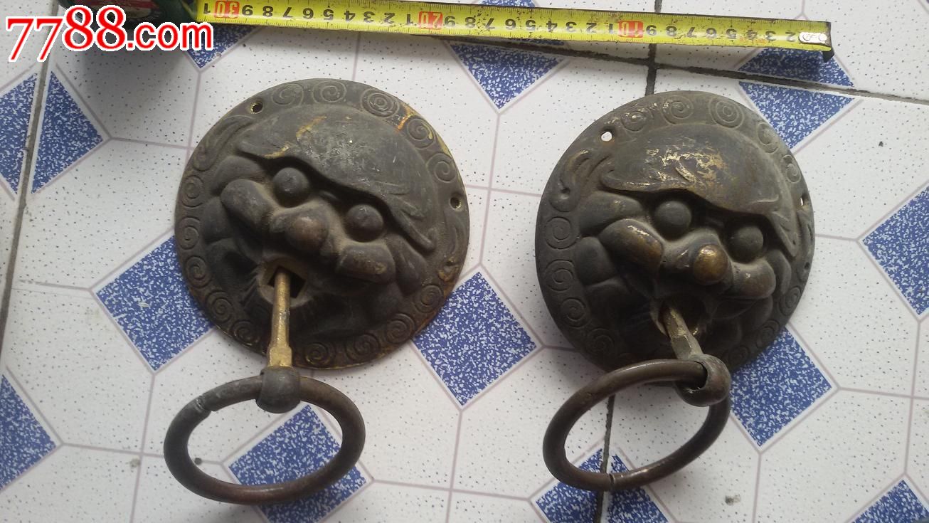 大型非常罕见苏工老铜老虎头门环一对