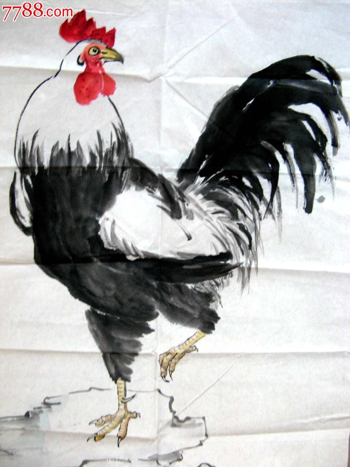 简洁洗练的三尺条幅无款大鸡画金鸡司晨图