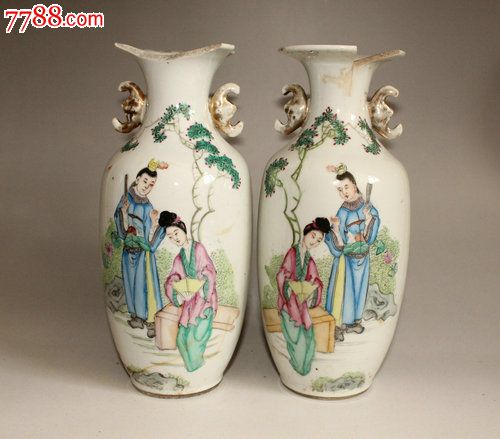 刘荣盛粉彩人物花瓶一对,有残