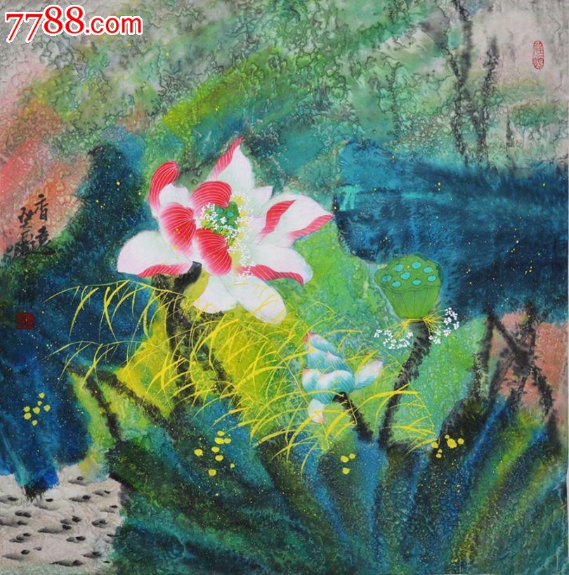 四尺斗方泼彩荷花作品