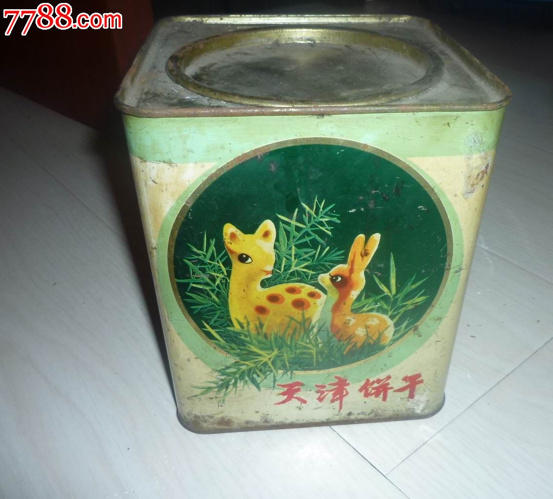 怀旧经典收藏熊猫小鹿图案天津饼干老铁盒