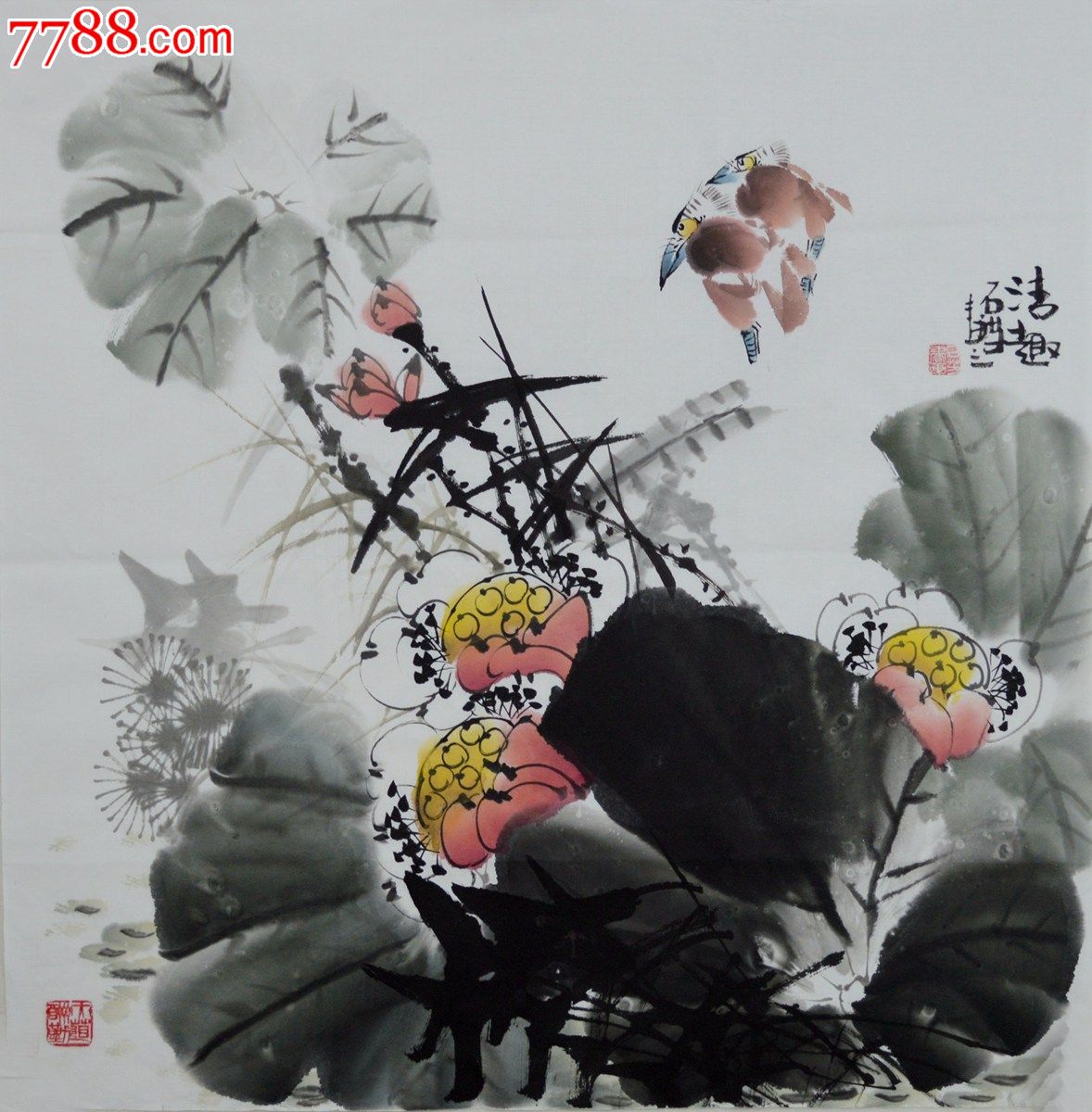 石芳四尺斗方花鸟画荷花作品《清趣》hn1571